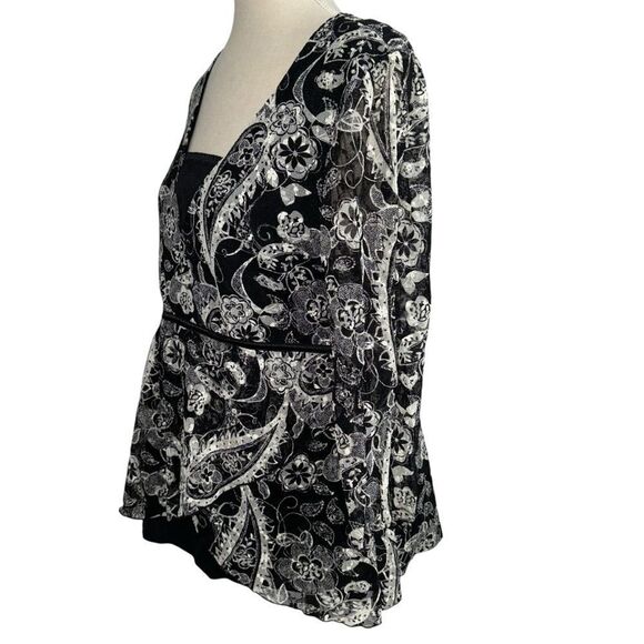 Style & Co Black and White Lace V Neck 3/3 quarter sleeve floral blouse size XL - Picture 4 of 10